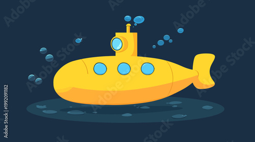Cartoon illustration of a yellow submarine with portholes, bubbles, and fin, underwater