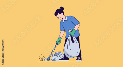 Person picking up trash while cleaning on a yellow background during a community cleanup event
