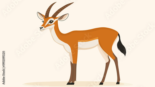A stylized illustration of a gazelle, with brown and white fur, set against a light background