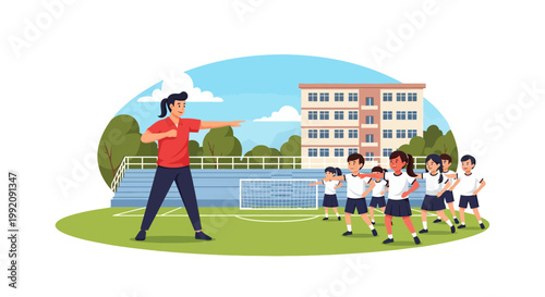 Coach instructs students during soccer practice on a school field in a sunny afternoon