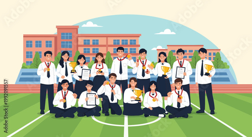 Students celebrate achievements after winning awards at a sports event in a schoolyard during daytime