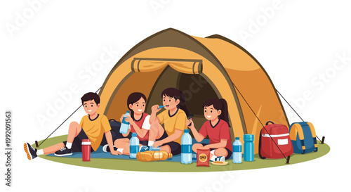 Group of children enjoy snacks and drinks while sitting inside a yellow camping tent in a green outdoor area during daytime