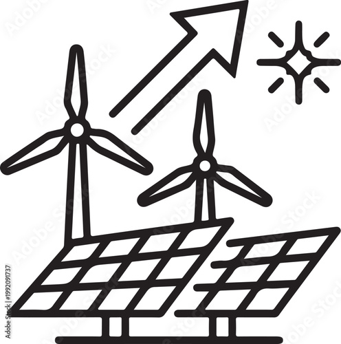 renewable energy icon wind turbines solar panels growth arrow sun line art vector