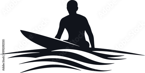 Silhouette of surfer sitting on surfboard in water.