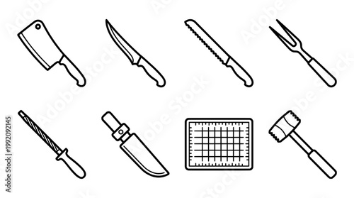 Set of kitchen knives and tools butcher chef cooking illustration concept