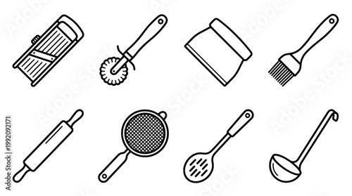 Set of kitchen utensils isolated black and white vector illustration