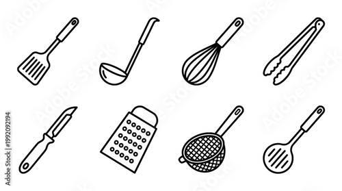 Set of kitchen utensils vector illustration in simple black and white design
