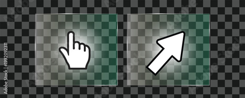 Glass morphism style buttons ui elements with click arrow cursors