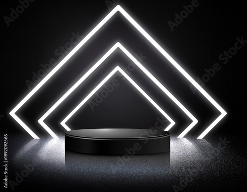 Minimal dark display concept. Black empty podiums on dark black background with abstract white neon lights