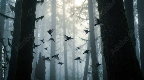 Birds whirling through mist in a forest, blurred wings and tall shadowed trunks under pale diffused light, mysterious atmospheric mood, ultra-realistic, no logos.