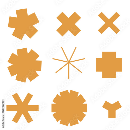 Set of minimalist geometric shapes and vector icons in a mustard yellow color, including stars, crosses, and abstract floral symbols for diverse creative design projects.