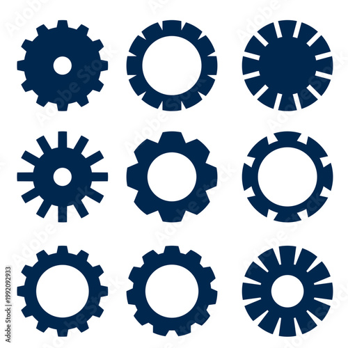 Set of nine gear icons in flat vector style isolated on a white background for industrial, mechanical and engineering web and print design templates and projects