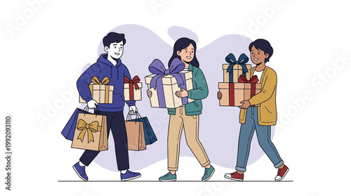 Group of Happy Young People Carrying Large Gift Boxes and Shopping Bag
