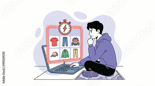 Man Choosing Clothes During Online Flash Sale Limited Time Offer Vecto