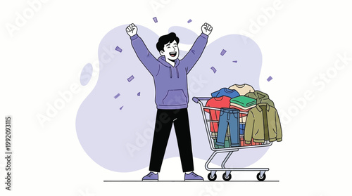Happy Man Celebrating Victory with Full Shopping Trolley of Clothes Fl