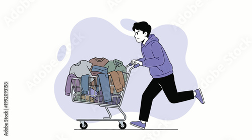 Man Running While Pushing Shopping Trolley Full of Clothes for Black F