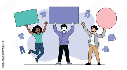 Happy Diverse People Holding Blank Signboards for Fashion Sale Promoti