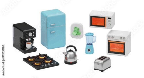 Vector illustration of set of miniature toy kitchen appliances on a transparent background
