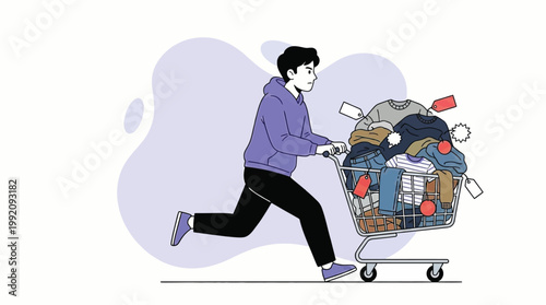 Young Man Running Fast Pushing a Shopping Cart Full of Clothes with Pr