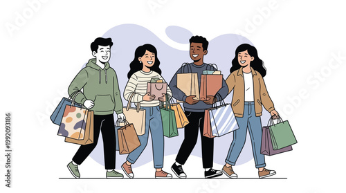 Group of Diverse Happy Friends Walking Together and Carrying Many Shop