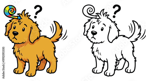Confused Golden Retriever Puppy with Party Blower and Question Mark Vector Illustration and Coloring Page Set for Kids and Pets