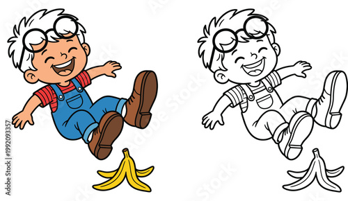 Funny Cartoon Boy Slipping on a Banana Peel and Laughing Vector Illustration and Line Art Coloring Page Set for Children