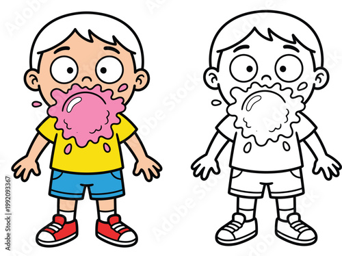 Funny Cartoon Boy with Popped Bubble Gum on Face Vector Illustration and Line Art Coloring Page