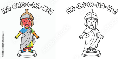 Funny Roman Soldier Boy Sneezing and Laughing Vector Illustration and Line Art Coloring Page for Kids History Activity