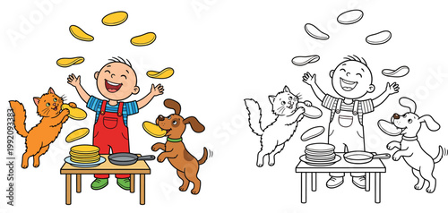 Happy Boy Juggling Pancakes with Cat and Dog Vector Illustration and Line Art Coloring Page for Kids Kitchen Breakfast Fun