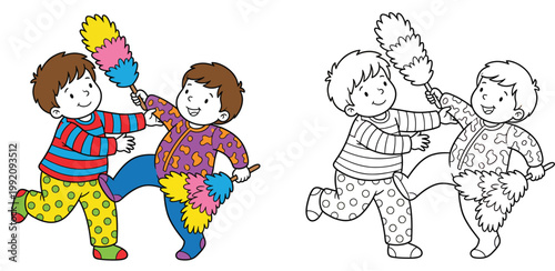 Two Happy Boys in Pajamas Playing with Colorful Feather Dusters Vector Illustration and Line Art Coloring Page