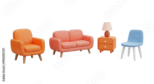 Vector illustration of set of modern miniature furniture including armchair, sofa, lamp and chair on a transparent background