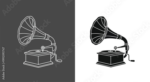Black and white side-by-side images of vintage gramophone with large horn speaker and turntable for music playback