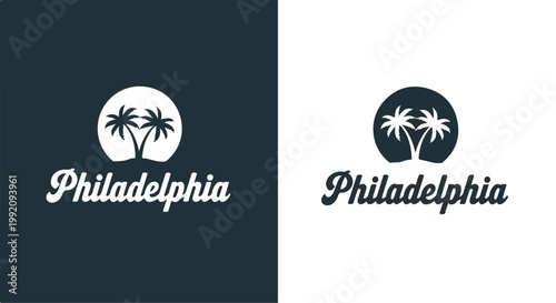 Elegant black and white logo design featuring a stylized palm tree with the city name Philadelphia in a classic font