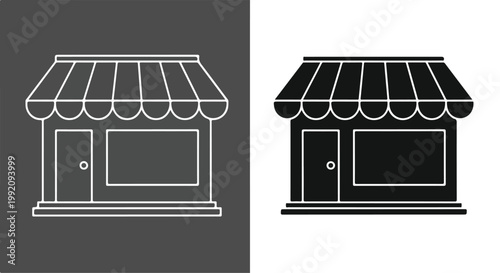 Black and white illustration of a small shop or storefront with a striped awning and large window display
