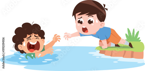 Child Rescue Attempt Helping Drowning Friend Cartoon Illustration Water Safety Concept