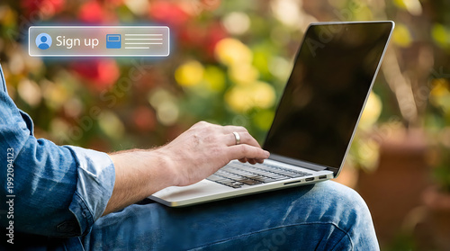 Person using laptop in outdoor setting with blurred background for website login or online registration