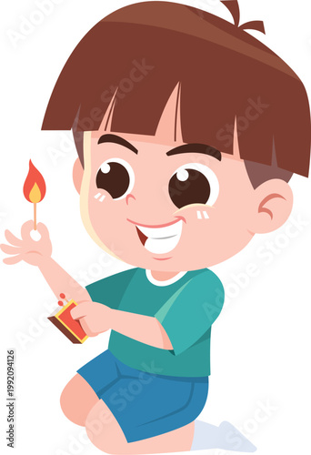Child Playing with Matchstick Fire Cartoon Illustration Dangerous Behavior Kids Safety Concept