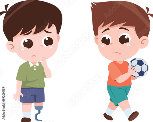 Child Refusing to Share Ball with Disabled Friend Cartoon Illustration Kids Behavior Concept