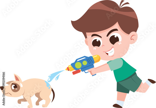 Child Spraying Water Gun at Dog Cartoon Illustration Bad Behavior Kids Animal Safety Concept