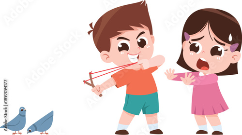 Child Using Slingshot While Friend Warning Cartoon Illustration Dangerous Behavior Kids Concept