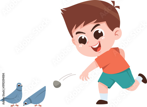 Child Throwing Rock at Birds Cartoon Illustration Bad Behavior Animal Harm Concept
