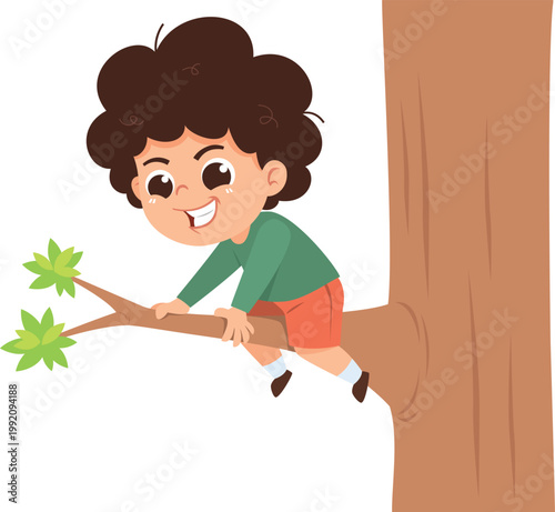Child Climbing Tree Branch Cartoon Illustration Risky Behavior Kids Outdoor Danger Concept