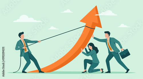 Foto Business team collaborating, pushing and pulling arrow for growth and success