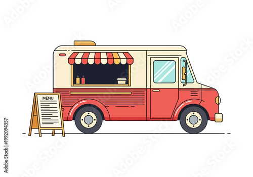 A food truck is parked on the street with a menu sign.