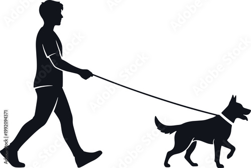 Man walking dog on leash silhouette vector illustration.