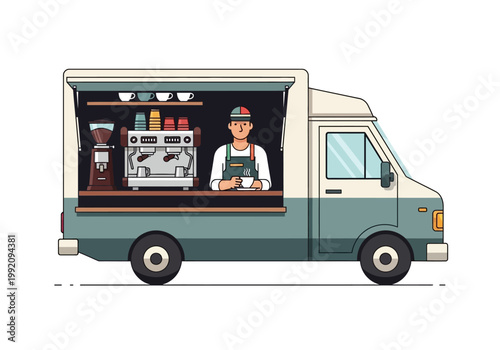 A man serves food from a truck with a coffee machine inside.
