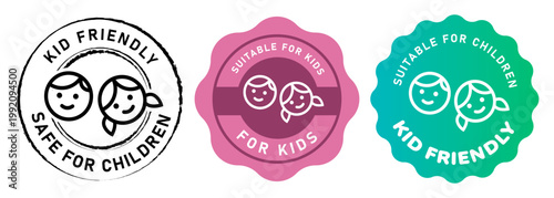Collection of suitable for kids and safe for children labels featuring cute boy and girl face icons for product safety assurance and kid friendly certification in colorful pink green and black styles