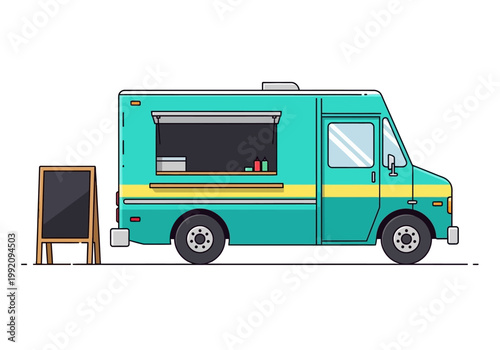 A food truck is parked next to a chalkboard sign on the sidewalk outdoors.