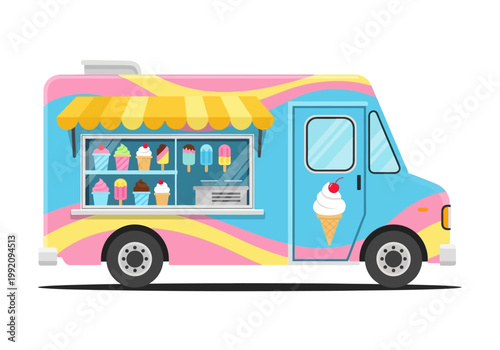 A colorful ice cream truck drives down a street on a sunny day with treats.