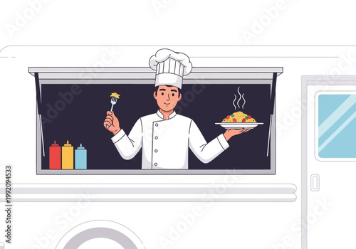 A chef serves food from a food truck window with utensils.